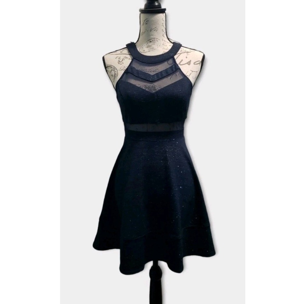 Honey And Rosie Sleeveless Flare Dress Women's Small Navy Glitter Mesh Cutouts